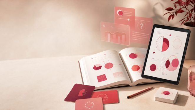 An open bespoke learning book alongside a tablet with floating AI tool cards on a warm-toned desk.