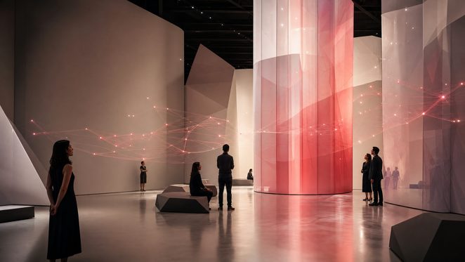 An immersive gallery scene with visitors moving through a softly lit installation.