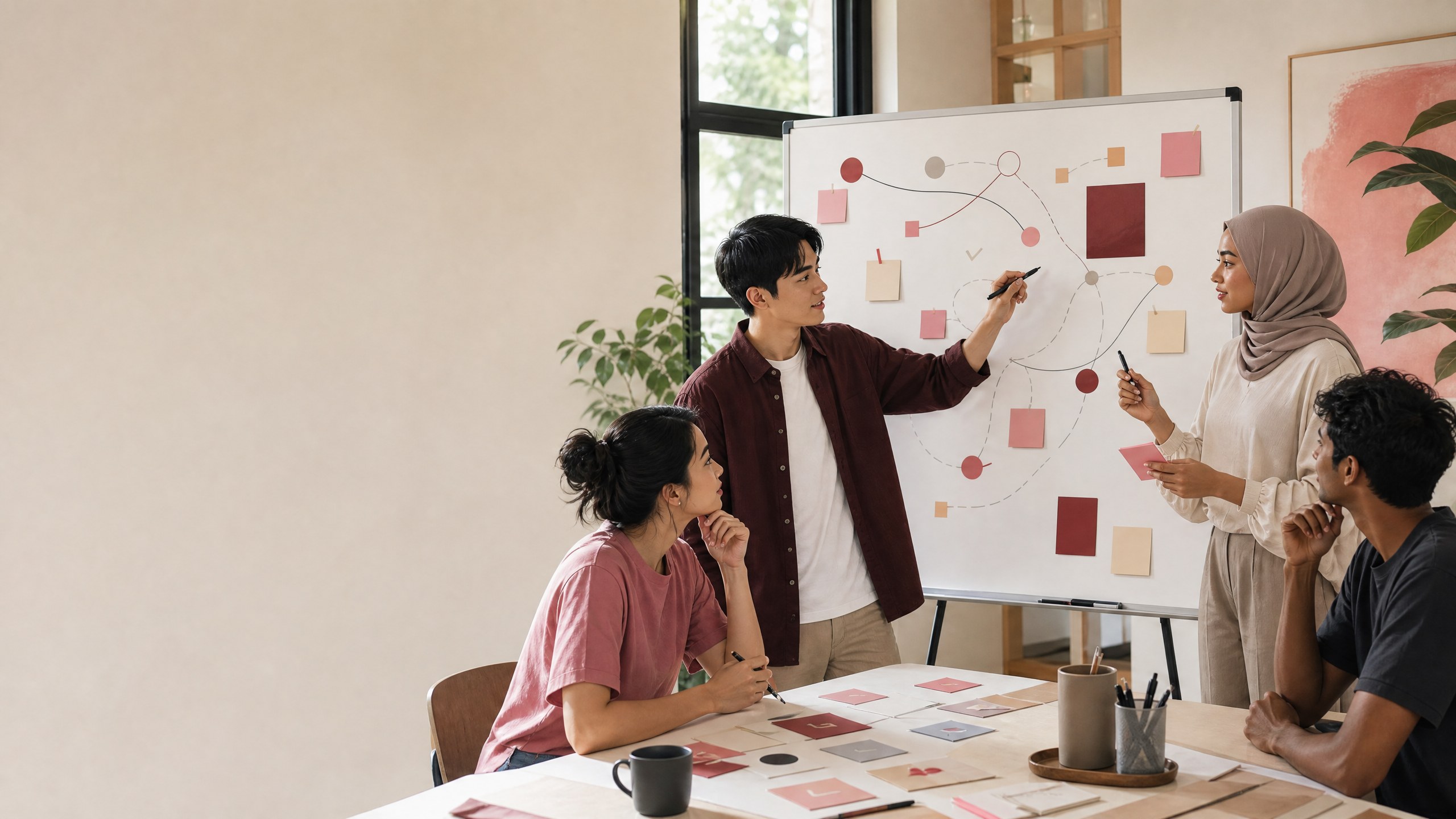 A team of four adults co-designing a learning activity on a whiteboard with cards and sticky notes