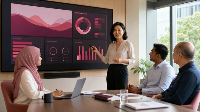 A learning designer presenting a dashboard on a wall screen to a small team.